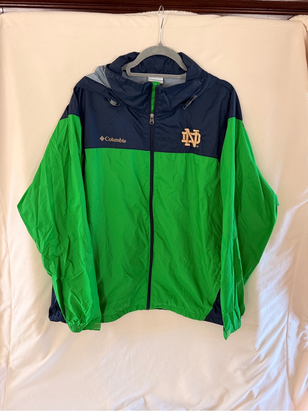 Columbia Green and Navy Notre Dame Hooded Raincoat